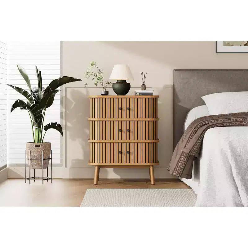 Mid-Century Modern 3 Drawer Dresser with Natural Wicker Rattan Sliding Door, Wooden Storage Cabinet with Tapered Legs for Bedroom and Living Room