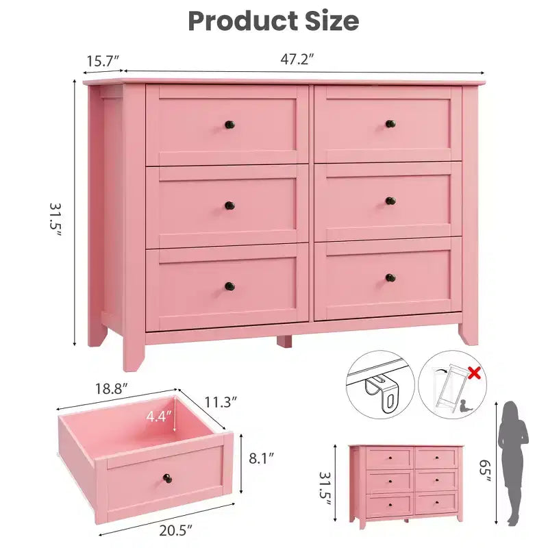 Wooden Dresser with 6 Drawers,Pink Dresser with Deep Drawers & Metal Knobs,Wood Closet Clothes Storage Organizer for Bedroom
