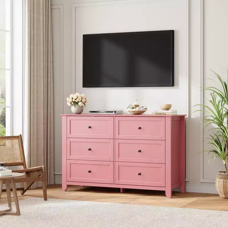 Wooden Dresser with 6 Drawers,Pink Dresser with Deep Drawers & Metal Knobs,Wood Closet Clothes Storage Organizer for Bedroom
