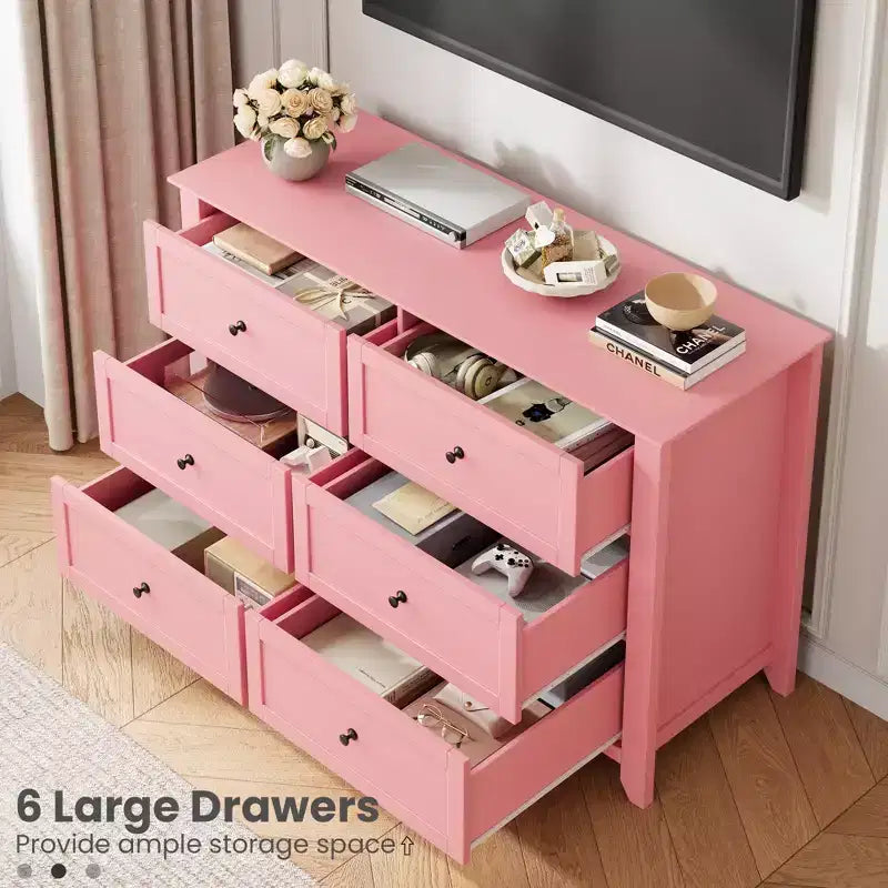 Wooden Dresser with 6 Drawers,Pink Dresser with Deep Drawers & Metal Knobs,Wood Closet Clothes Storage Organizer for Bedroom