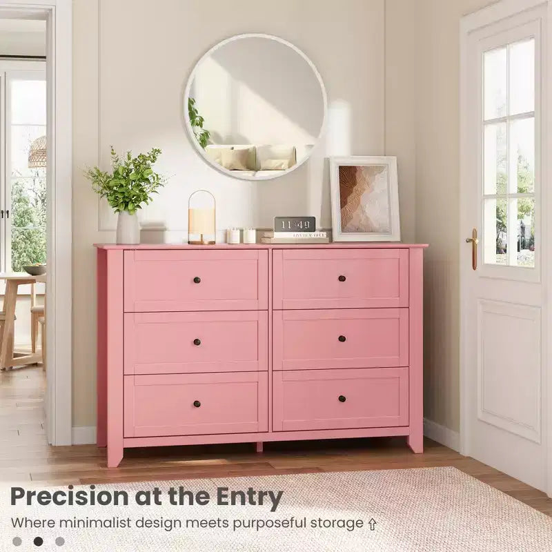 Wooden Dresser with 6 Drawers,Pink Dresser with Deep Drawers & Metal Knobs,Wood Closet Clothes Storage Organizer for Bedroom