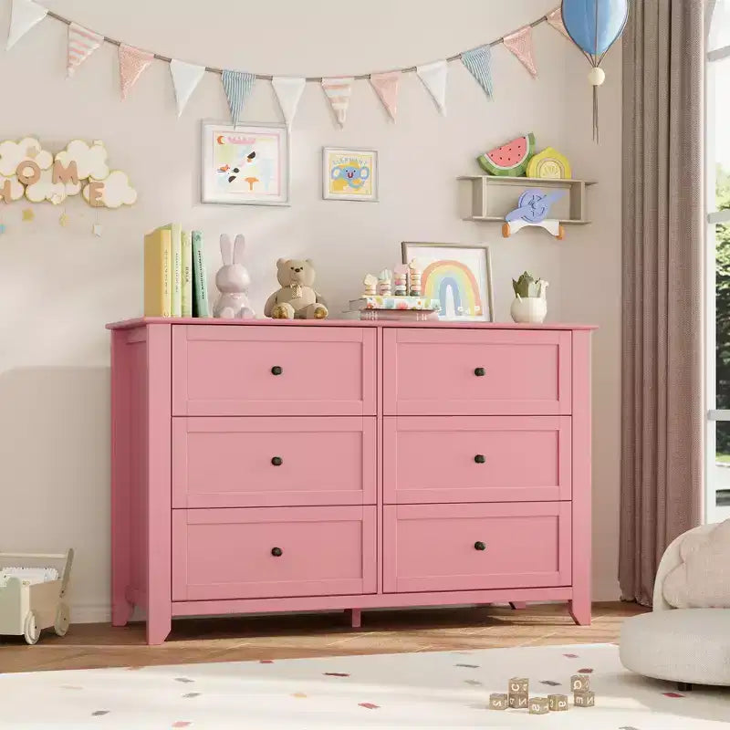 Wooden Dresser with 6 Drawers,Pink Dresser with Deep Drawers & Metal Knobs,Wood Closet Clothes Storage Organizer for Bedroom