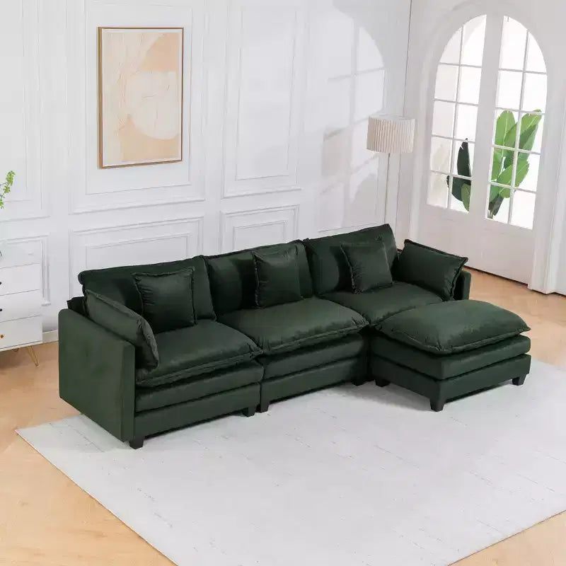 113.77" 3-Seat Modular Chenille Upholstered Sectional Sofa with Ottoman and Waist Pillows