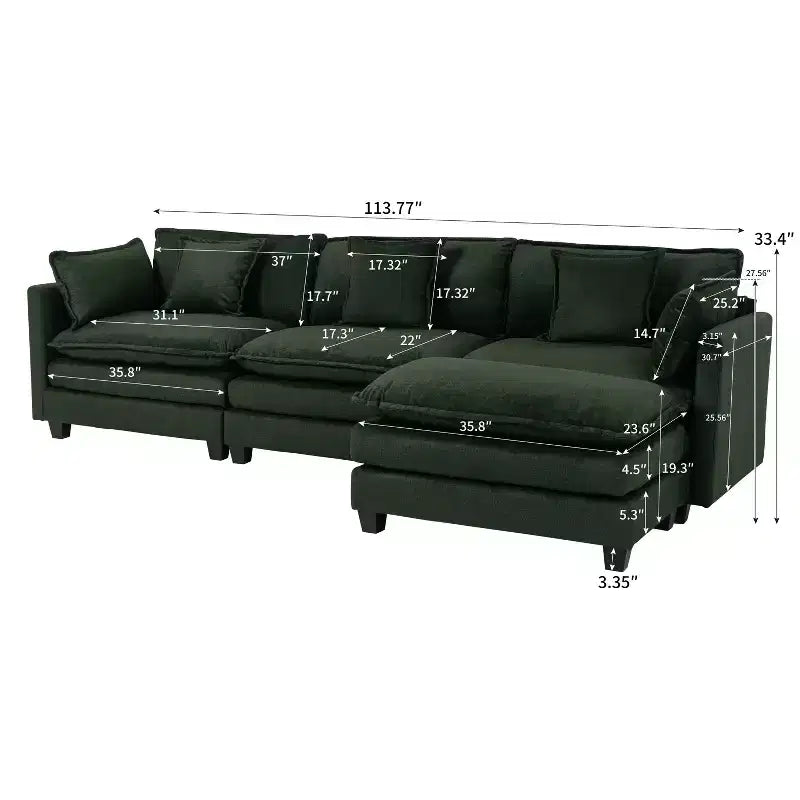 113.77" 3-Seat Modular Chenille Upholstered Sectional Sofa with Ottoman and Waist Pillows