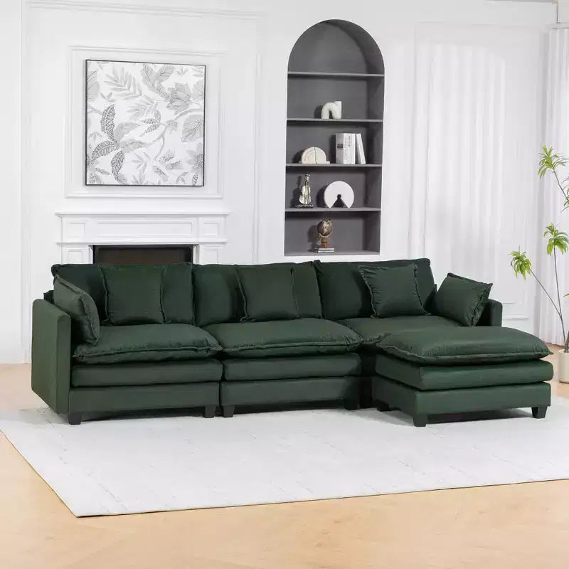 113.77" 3-Seat Modular Chenille Upholstered Sectional Sofa with Ottoman and Waist Pillows