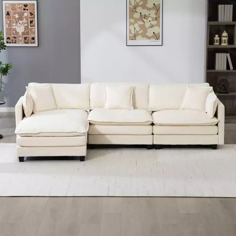 113.77" 3-Seat Modular Chenille Upholstered Sectional Sofa with Ottoman and Waist Pillows