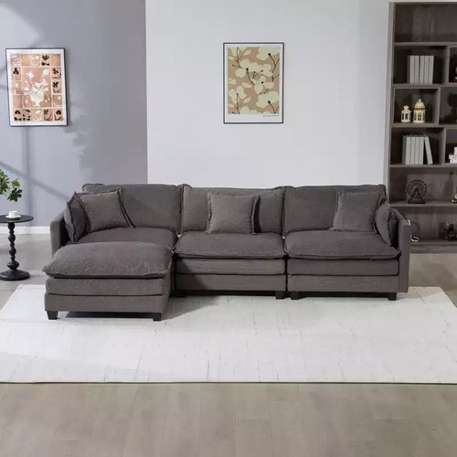 113.77" 3-Seat Modular Chenille Upholstered Sectional Sofa with Ottoman and Waist Pillows