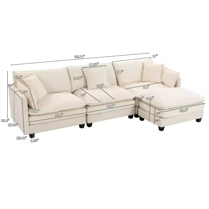 113.77" 3-Seat Modular Chenille Upholstered Sectional Sofa with Ottoman and Waist Pillows
