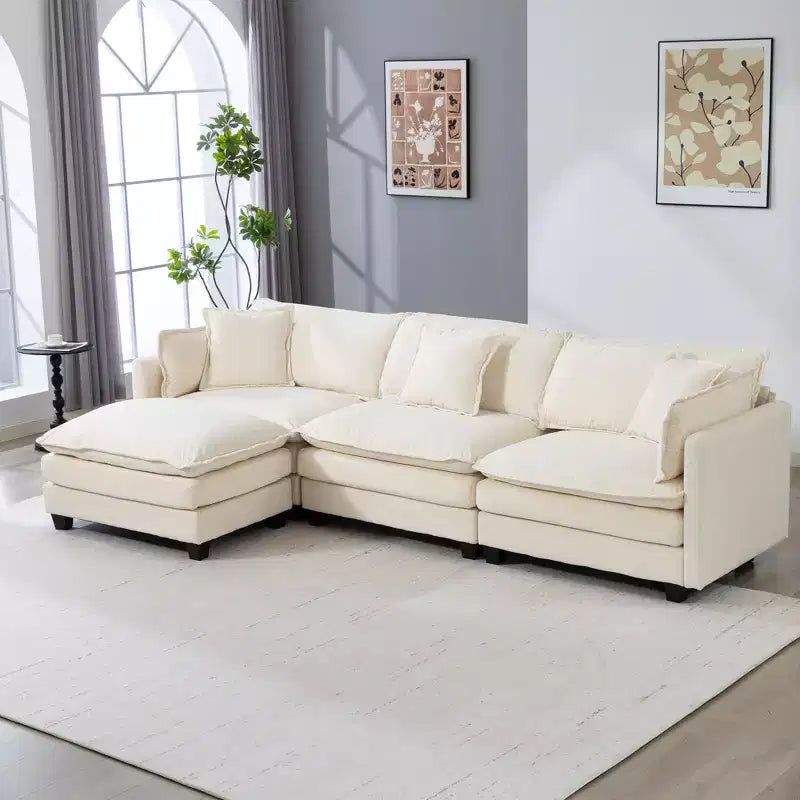 113.77" 3-Seat Modular Chenille Upholstered Sectional Sofa with Ottoman and Waist Pillows