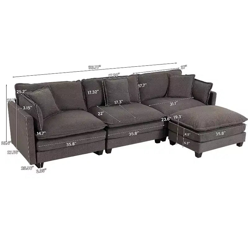 113.77" 3-Seat Modular Chenille Upholstered Sectional Sofa with Ottoman and Waist Pillows