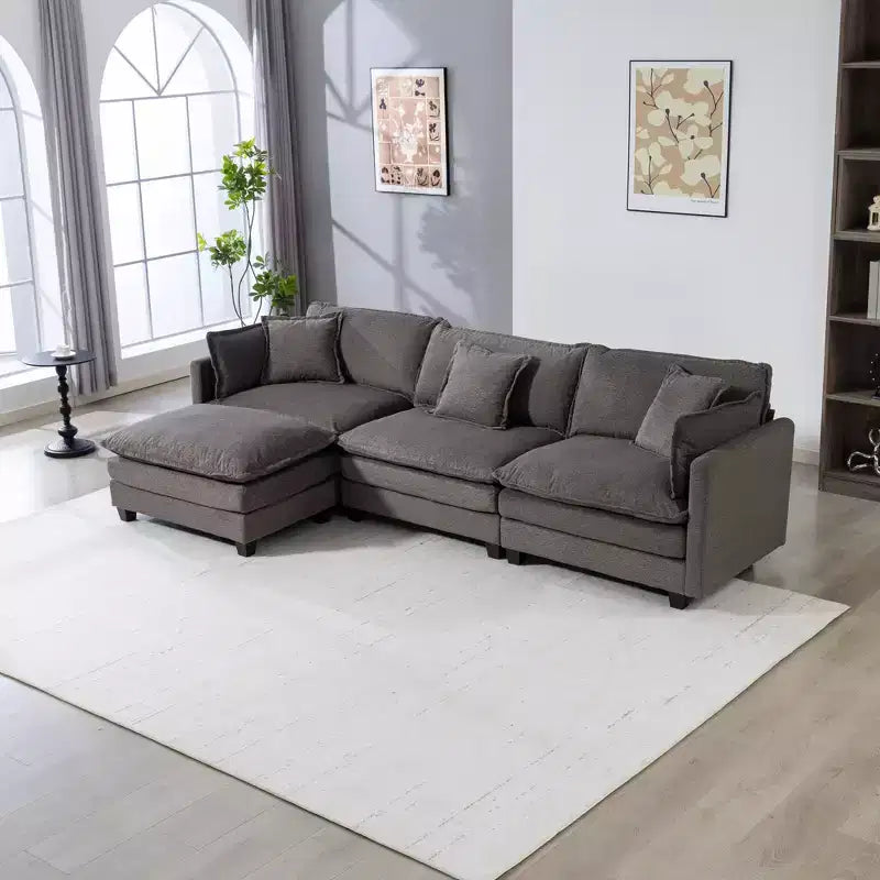 113.77" 3-Seat Modular Chenille Upholstered Sectional Sofa with Ottoman and Waist Pillows