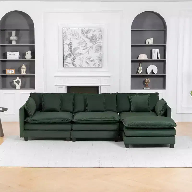 113.77" 3-Seat Modular Chenille Upholstered Sectional Sofa with Ottoman and Waist Pillows