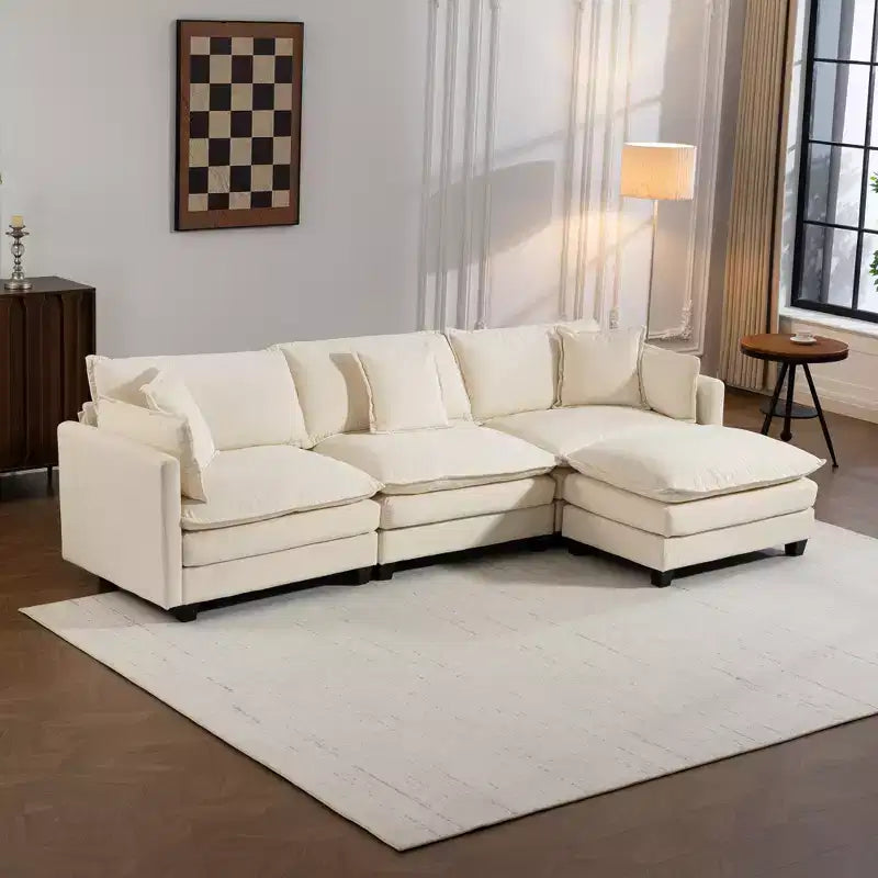 113.77" 3-Seat Modular Chenille Upholstered Sectional Sofa with Ottoman and Waist Pillows