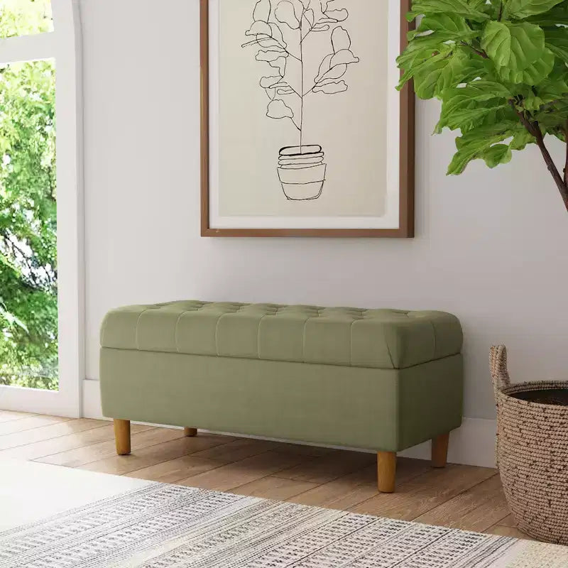 Button Tufted Storage Bench with Cone Wood Legs - HomePop