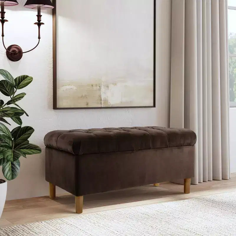 Button Tufted Storage Bench with Cone Wood Legs - HomePop