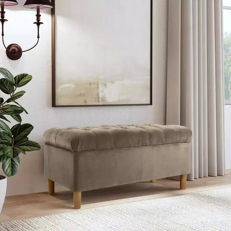 Button Tufted Storage Bench with Cone Wood Legs - HomePop