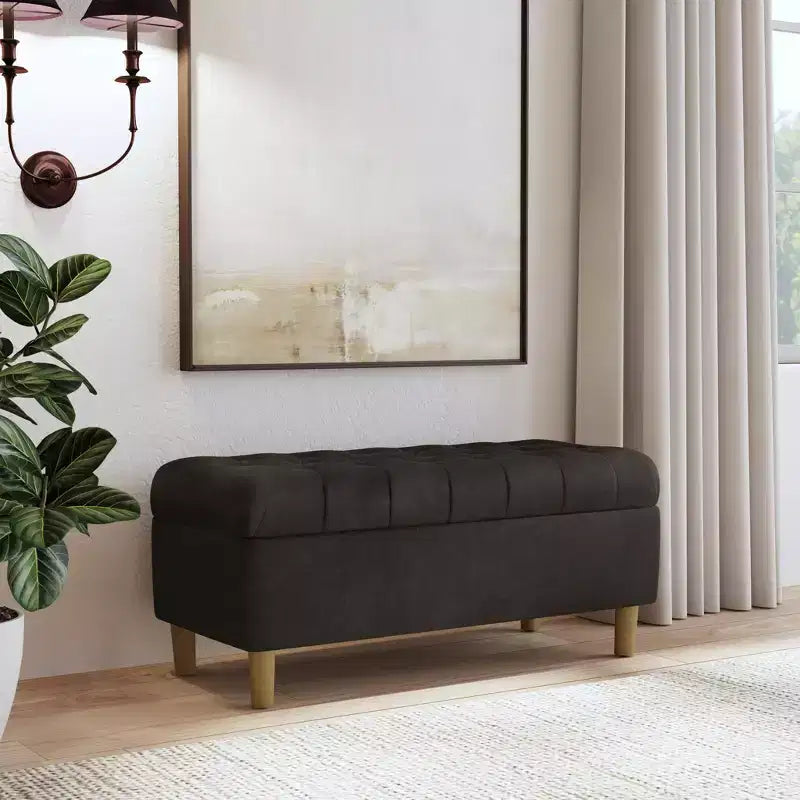 Button Tufted Storage Bench with Cone Wood Legs - HomePop