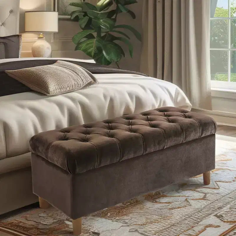 Button Tufted Storage Bench with Cone Wood Legs