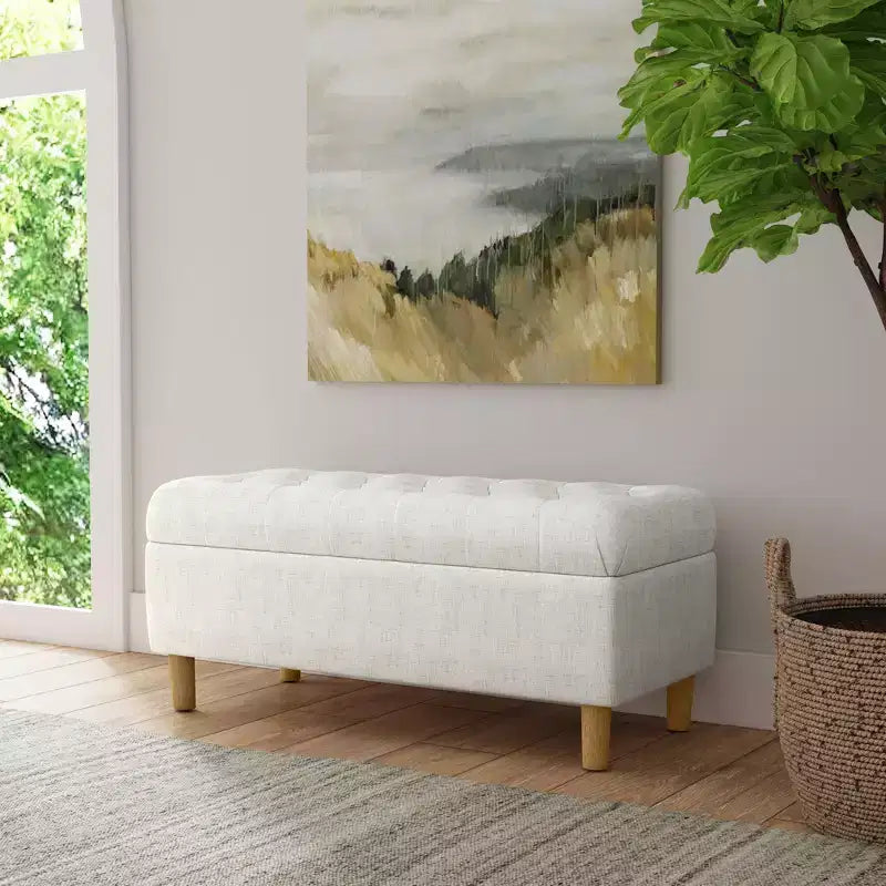 Button Tufted Storage Bench with Cone Wood Legs