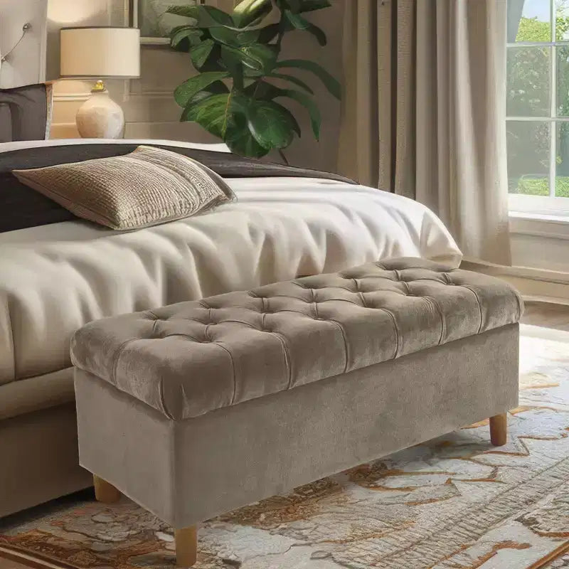 Button Tufted Storage Bench with Cone Wood Legs