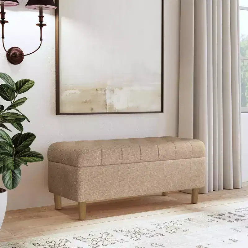 Button Tufted Storage Bench with Cone Wood Legs