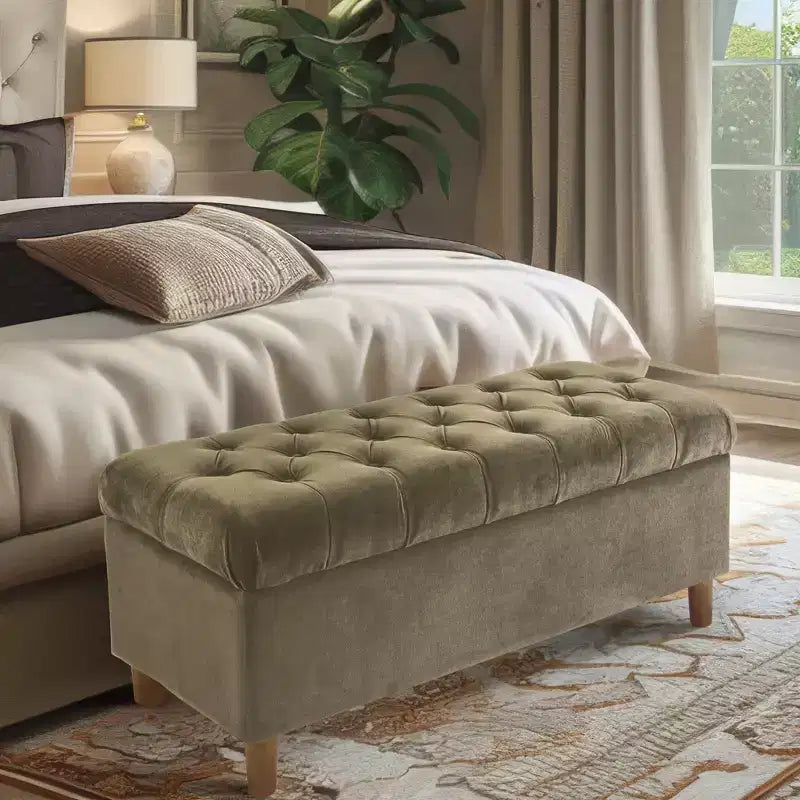 Button Tufted Storage Bench with Cone Wood Legs