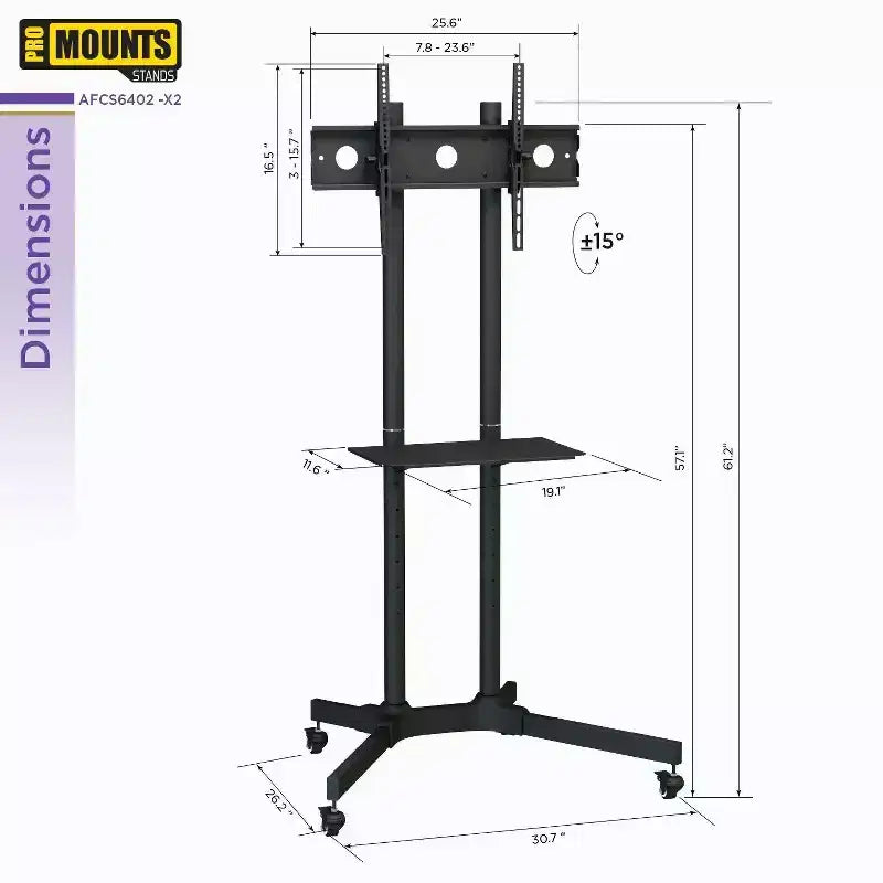 Promounts Mobile TV Cart with Tilt Mount for TVs 32 - 72 Up to 110 lbs