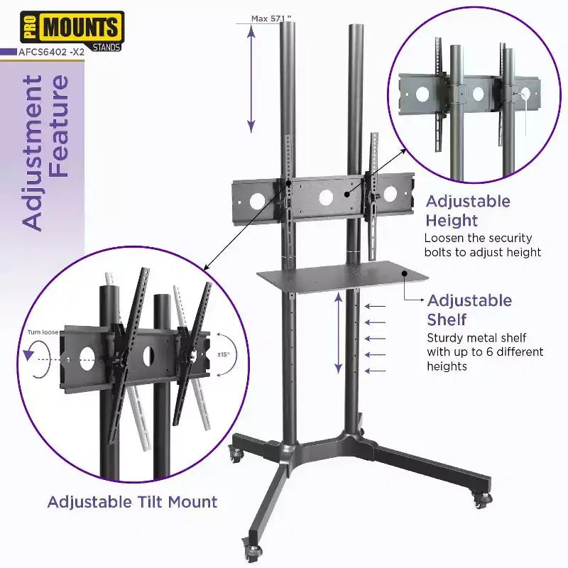 Promounts Mobile TV Cart with Tilt Mount for TVs 32 - 72 Up to 110 lbs