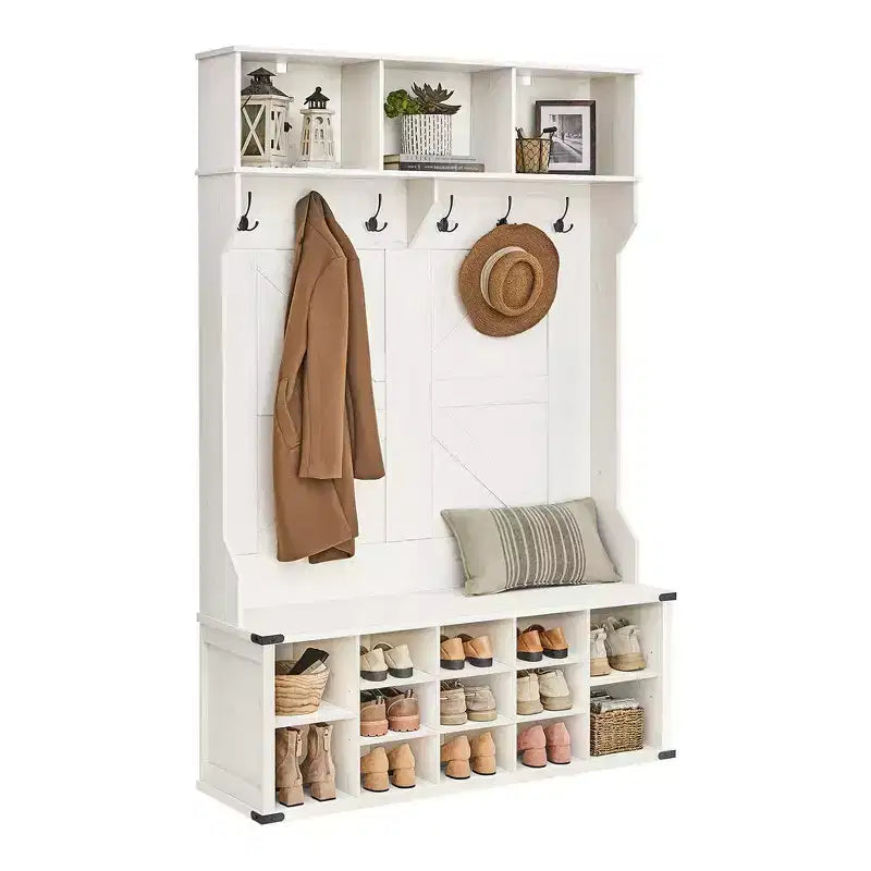 VASAGLE Hall Tree with Bench and Shoe Storage, Coat Rack with Shoe Bench, Entryway Furniture, 16 Open Compartments, 6 Tri-Hooks