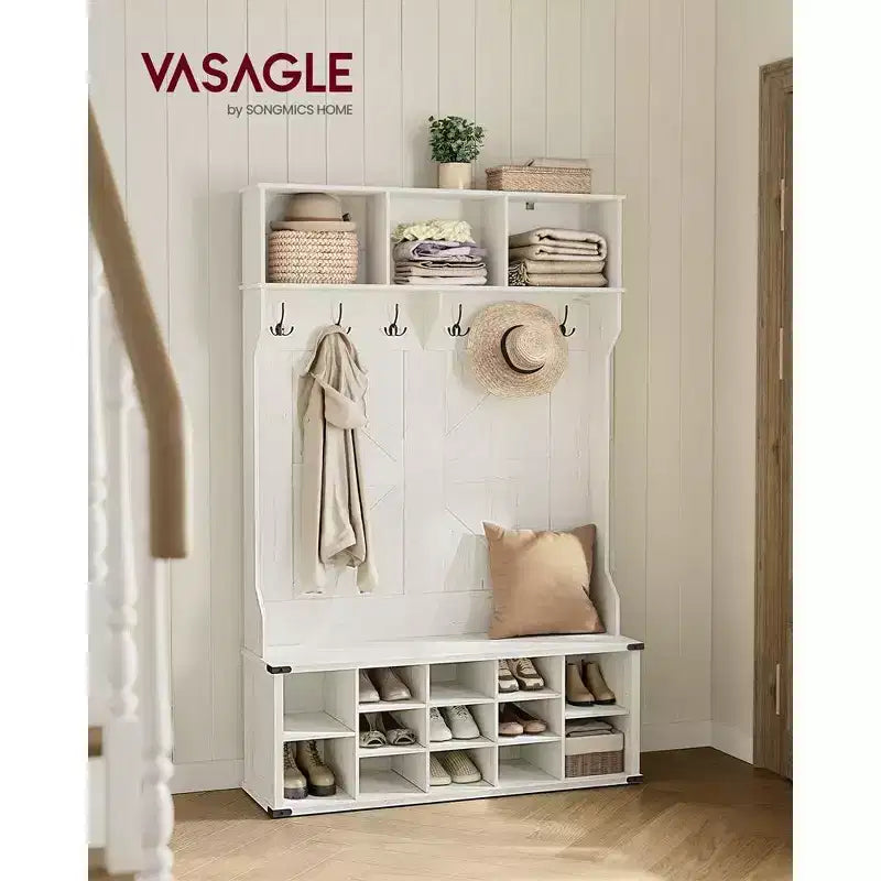 VASAGLE Hall Tree with Bench and Shoe Storage, Coat Rack with Shoe Bench, Entryway Furniture, 16 Open Compartments, 6 Tri-Hooks