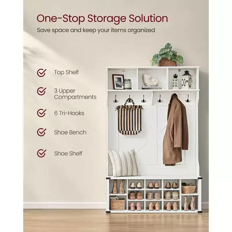 VASAGLE Hall Tree with Bench and Shoe Storage, Coat Rack with Shoe Bench, Entryway Furniture, 16 Open Compartments, 6 Tri-Hooks