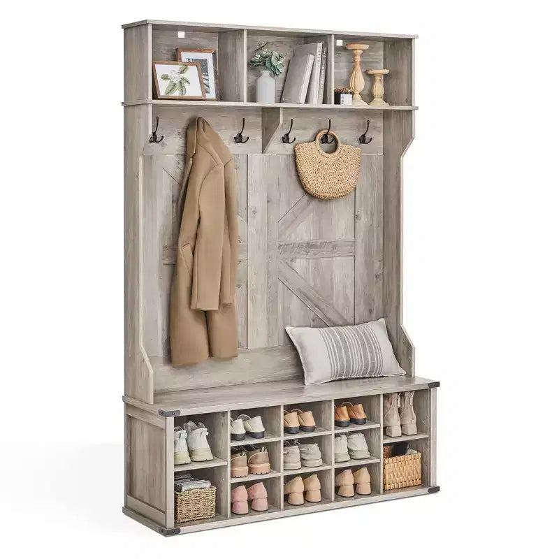 VASAGLE Hall Tree with Bench and Shoe Storage, Coat Rack with Shoe Bench, Entryway Furniture, 16 Open Compartments, 6 Tri-Hooks
