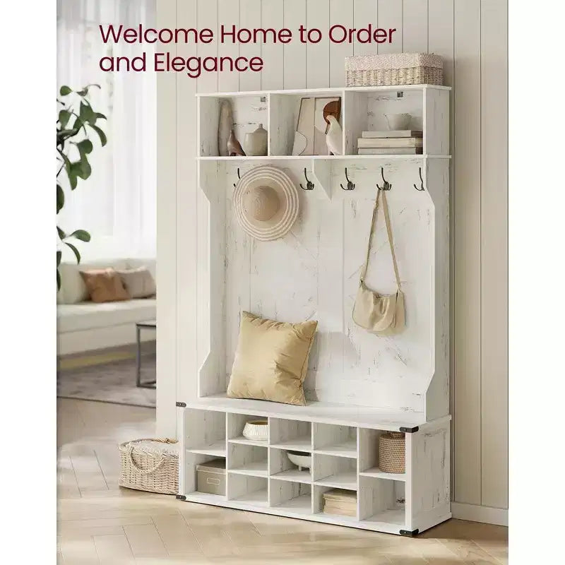 VASAGLE Hall Tree with Bench and Shoe Storage, Coat Rack with Shoe Bench, Entryway Furniture, 16 Open Compartments, 6 Tri-Hooks