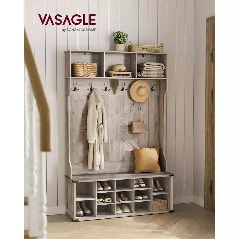VASAGLE Hall Tree with Bench and Shoe Storage, Coat Rack with Shoe Bench, Entryway Furniture, 16 Open Compartments, 6 Tri-Hooks