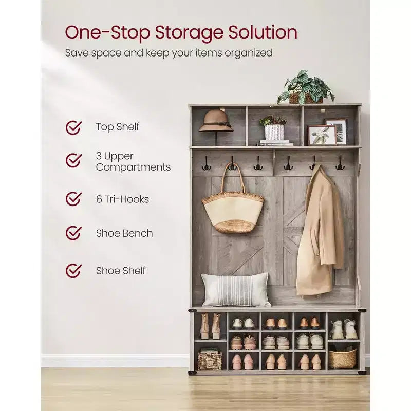 VASAGLE Hall Tree with Bench and Shoe Storage, Coat Rack with Shoe Bench, Entryway Furniture, 16 Open Compartments, 6 Tri-Hooks