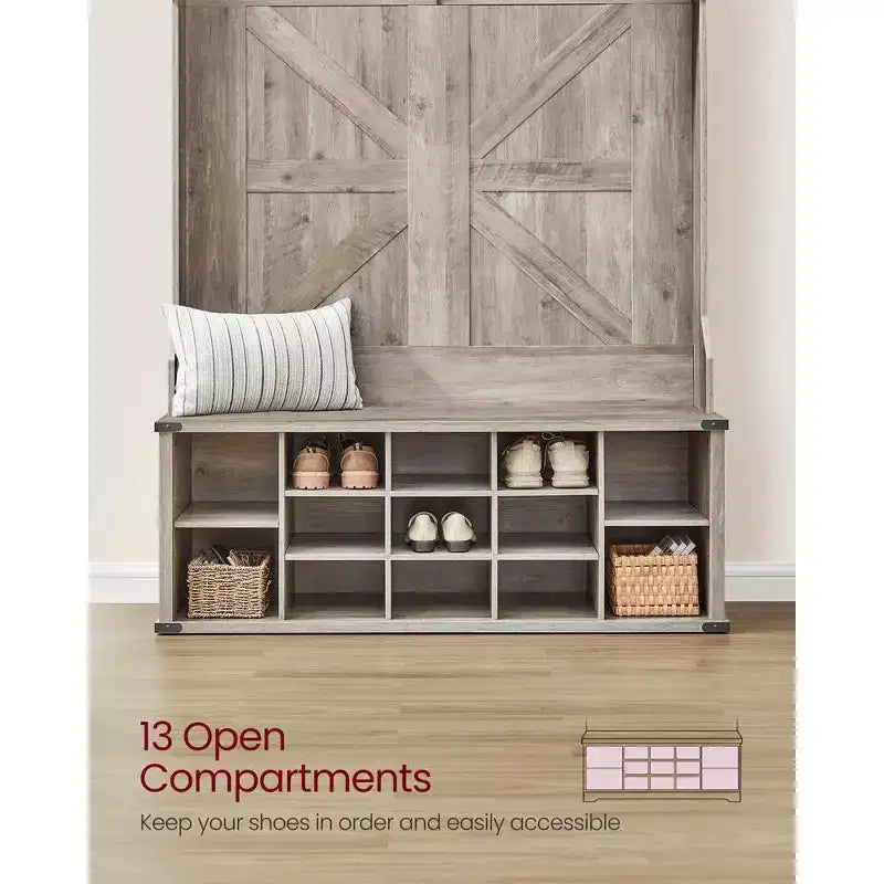 VASAGLE Hall Tree with Bench and Shoe Storage, Coat Rack with Shoe Bench, Entryway Furniture, 16 Open Compartments, 6 Tri-Hooks