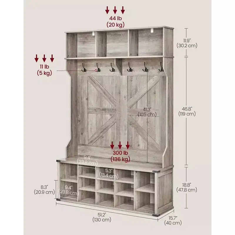 VASAGLE Hall Tree with Bench and Shoe Storage, Coat Rack with Shoe Bench, Entryway Furniture, 16 Open Compartments, 6 Tri-Hooks