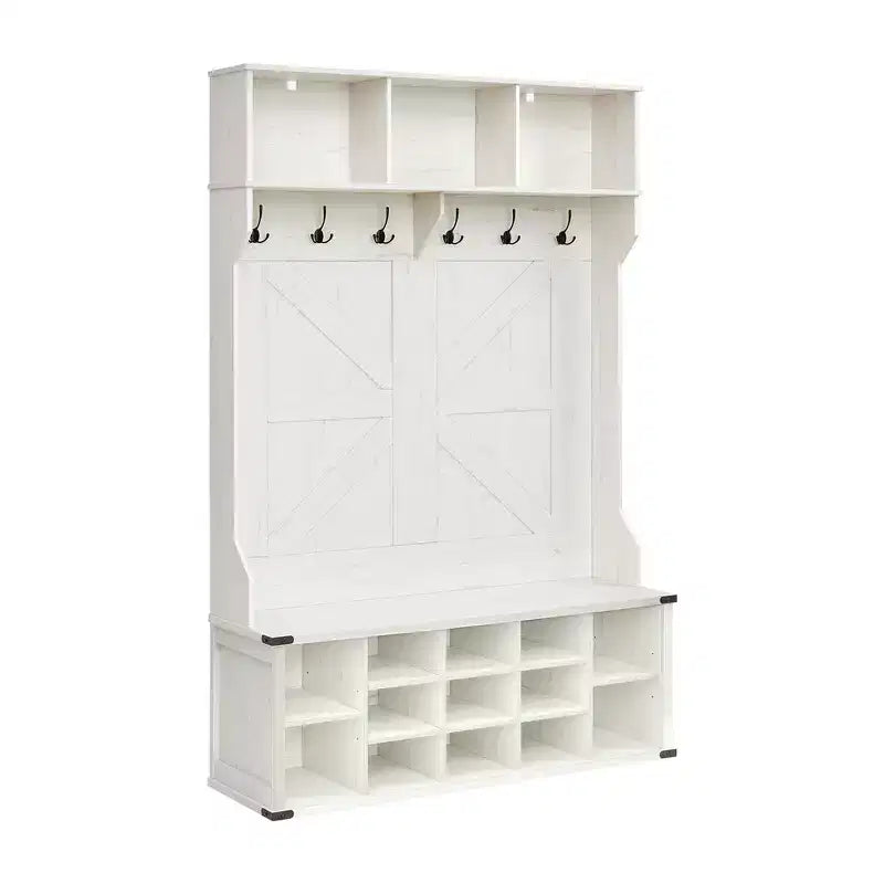 Hall Tree with Bench and Shoe Storage, Coat Rack with Shoe Bench, Entryway Furniture, 16 Open Compartments, 6 Tri-Hooks