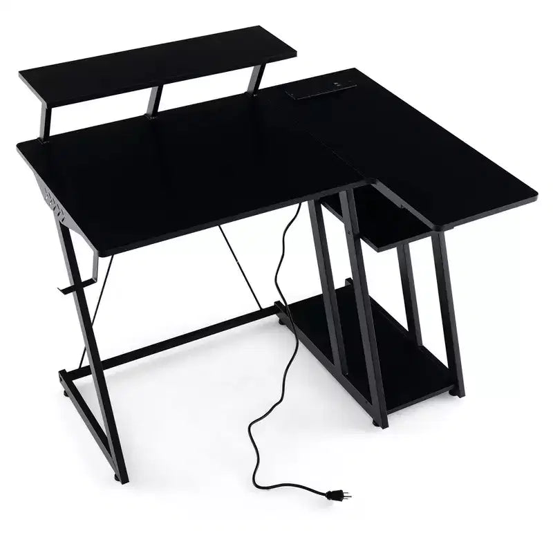 Costway L Shaped Gaming Desk with Outlets & USB Ports Monitor Shelf Headphone Hook Black/White/Pink