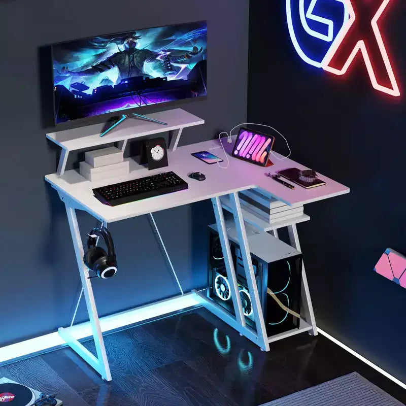 Costway L Shaped Gaming Desk with Outlets & USB Ports Monitor Shelf Headphone Hook Black/White/Pink