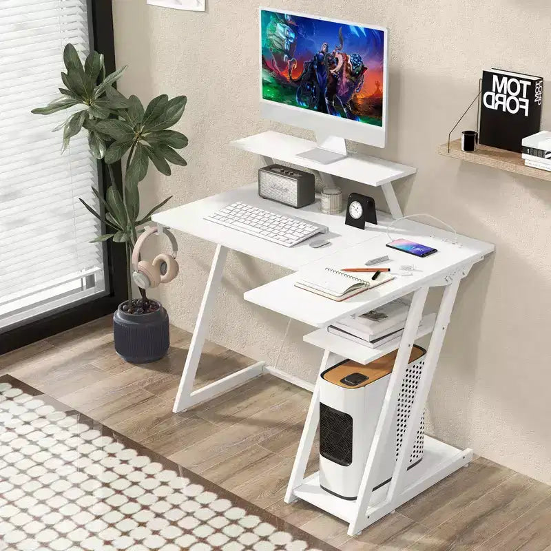 Costway L Shaped Gaming Desk with Outlets & USB Ports Monitor Shelf Headphone Hook Black/White/Pink