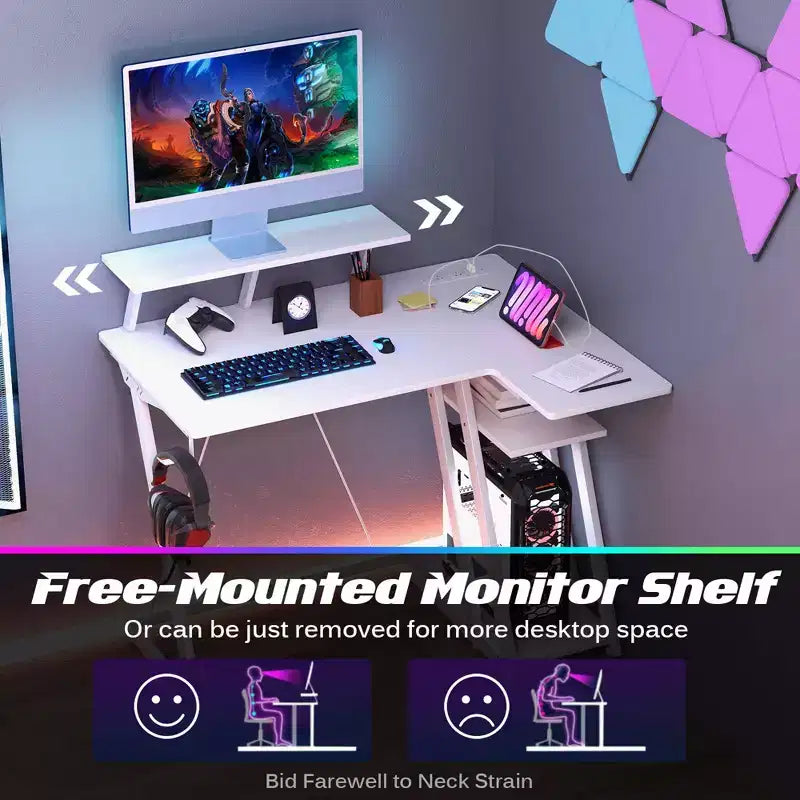 Costway L Shaped Gaming Desk with Outlets & USB Ports Monitor Shelf Headphone Hook Black/White/Pink