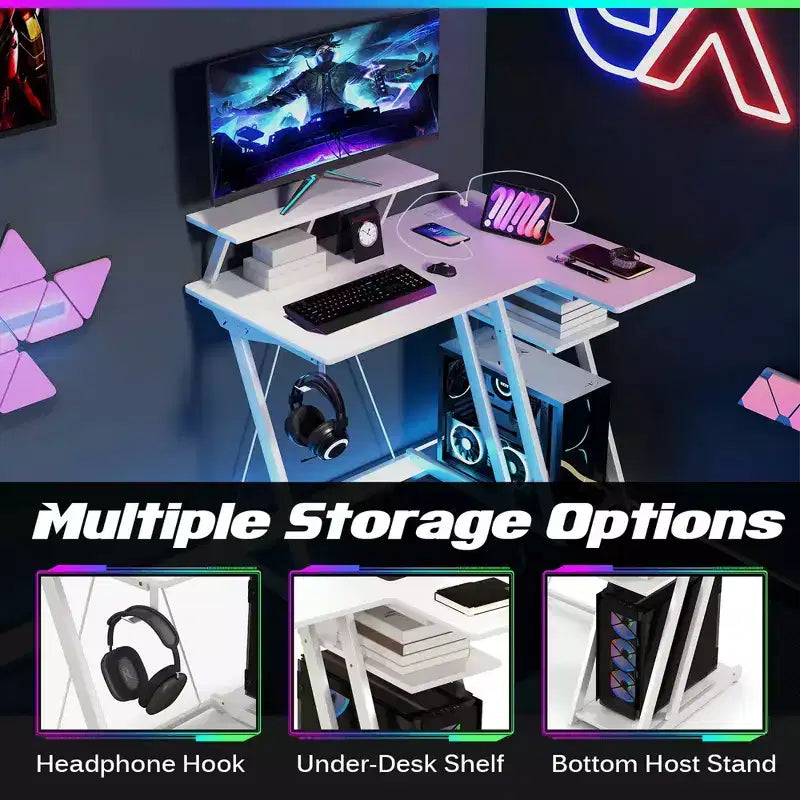 Costway L Shaped Gaming Desk with Outlets & USB Ports Monitor Shelf Headphone Hook Black/White/Pink