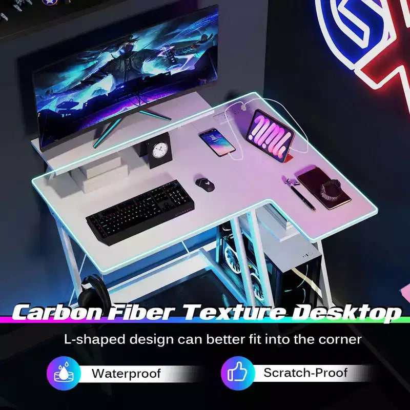 Costway L Shaped Gaming Desk with Outlets & USB Ports Monitor Shelf Headphone Hook Black/White/Pink