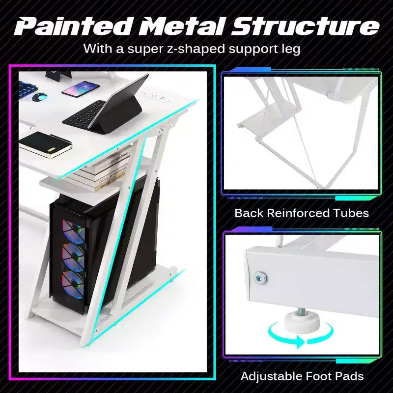 Costway L Shaped Gaming Desk with Outlets & USB Ports Monitor Shelf Headphone Hook Black/White/Pink