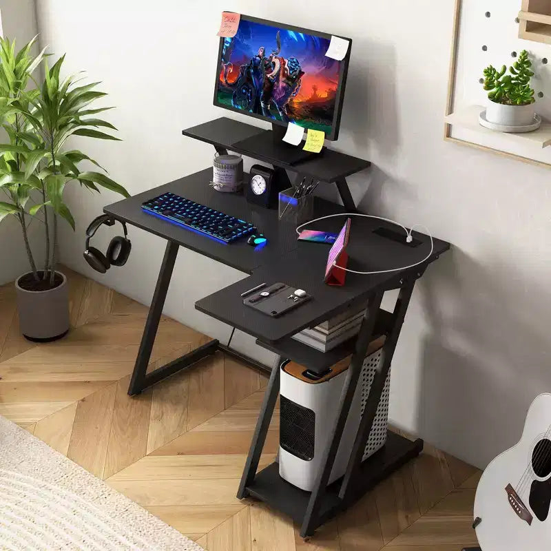 Costway L Shaped Gaming Desk with Outlets & USB Ports Monitor Shelf Headphone Hook Black/White/Pink