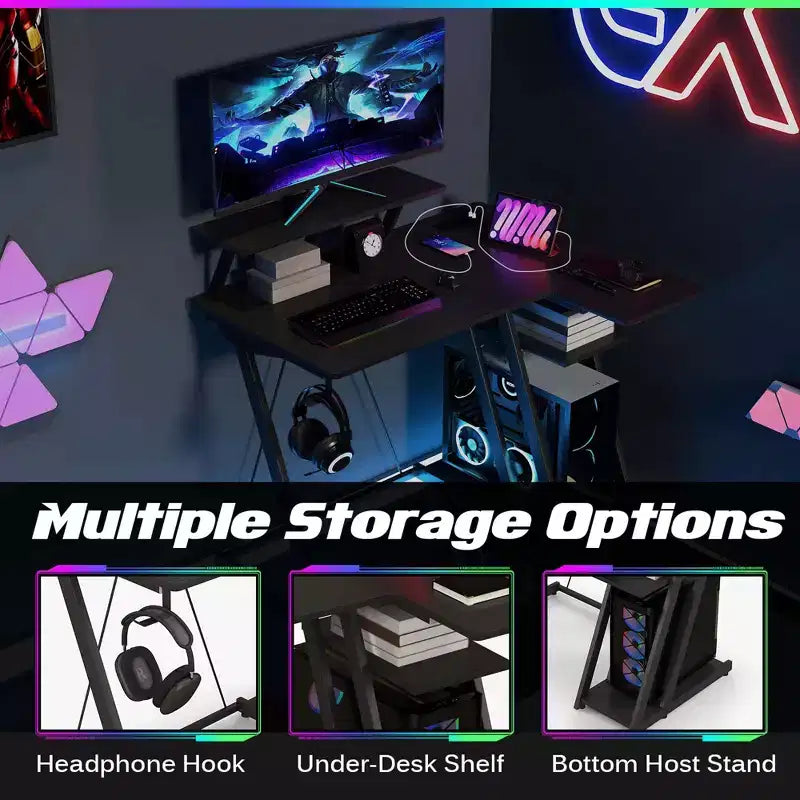 Costway L Shaped Gaming Desk with Outlets & USB Ports Monitor Shelf Headphone Hook Black/White/Pink