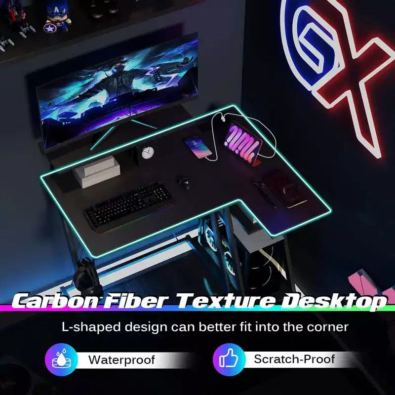 Costway L Shaped Gaming Desk with Outlets & USB Ports Monitor Shelf Headphone Hook Black/White/Pink