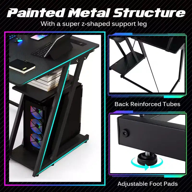 Costway L Shaped Gaming Desk with Outlets & USB Ports Monitor Shelf Headphone Hook Black/White/Pink