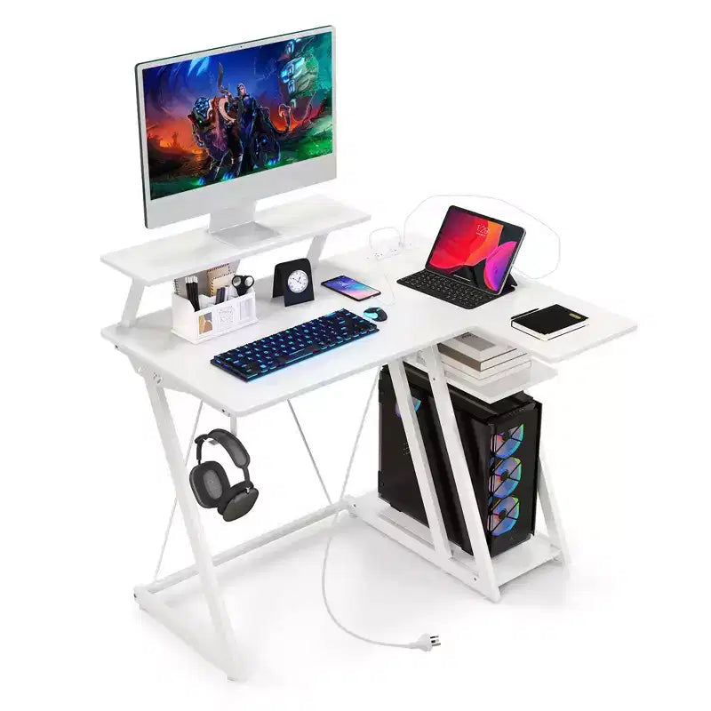 L Shaped Gaming Desk with Outlets & USB Ports, Monitor Shelf, Headphone Hook